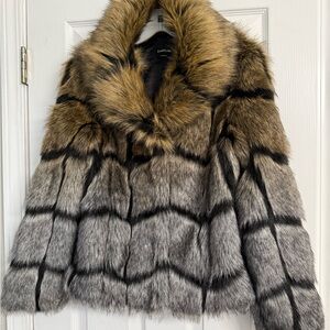 bebe Faux Fur Teddy Jacket - Brown and Gray